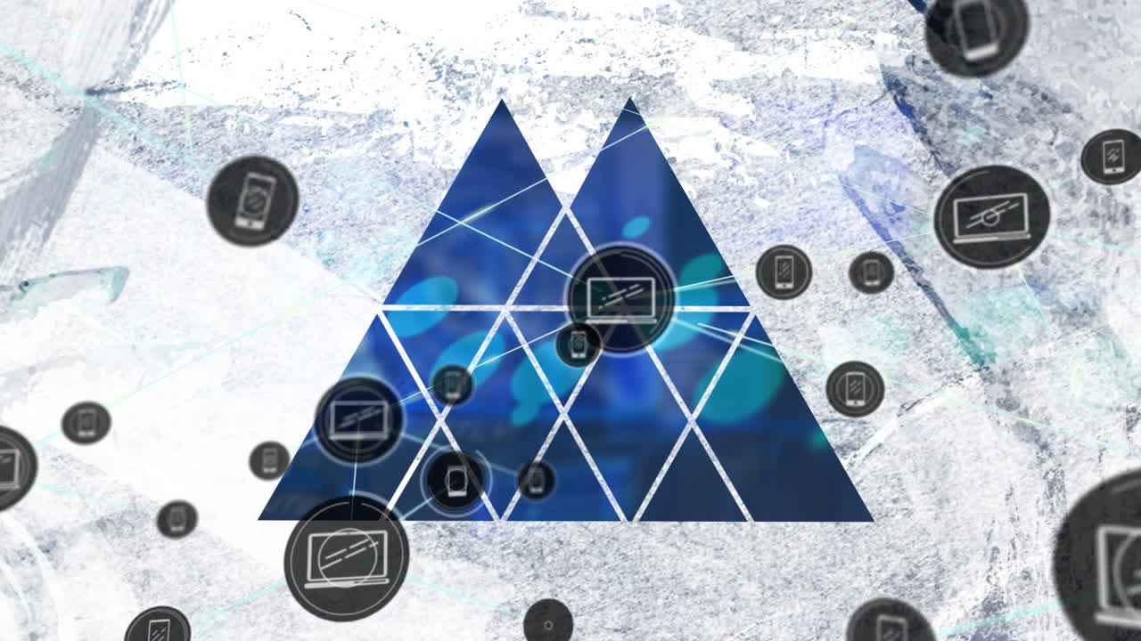 анимация сети соединений с иконами над треугольниками на белом фоне