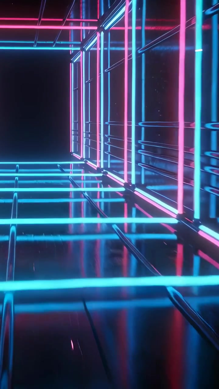 Video verticale: Telecamera che inizia a percorrere un corridoio al neon in 3D, mostrando barre ciano e magenta e specchi.
