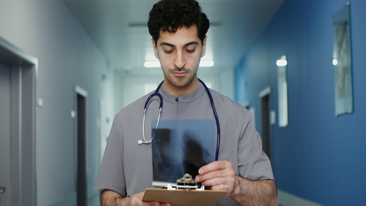 médico revisando rayos x en el pasillo del hospital