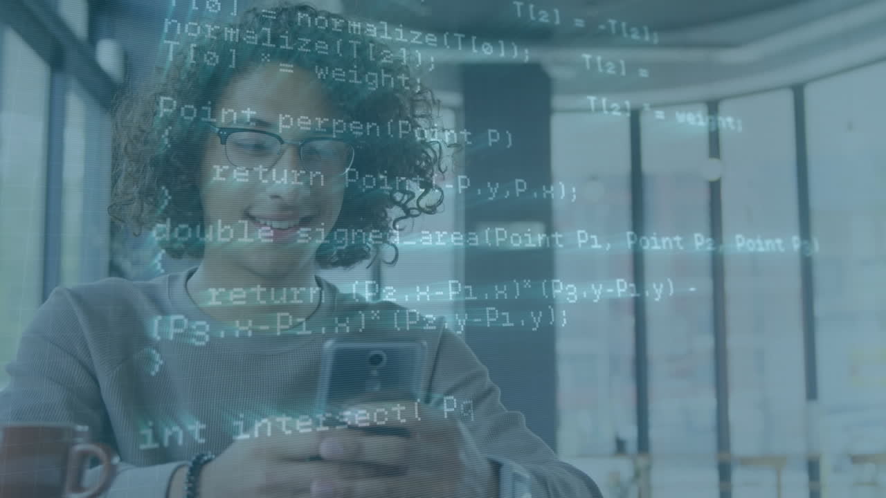 Animation of data processing against biracial man smiling while using smartphone at office