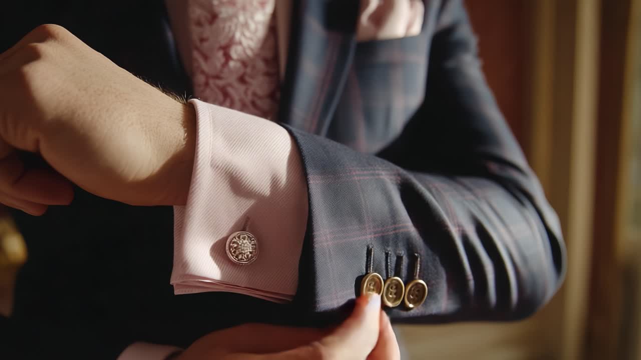 A Close-Up of a Man Adjusting His Stylish Cufflinks and Cuff in a Luxurious Suit, Showcasing Elegant Tailoring Details with a Pink and Navy Color Combination