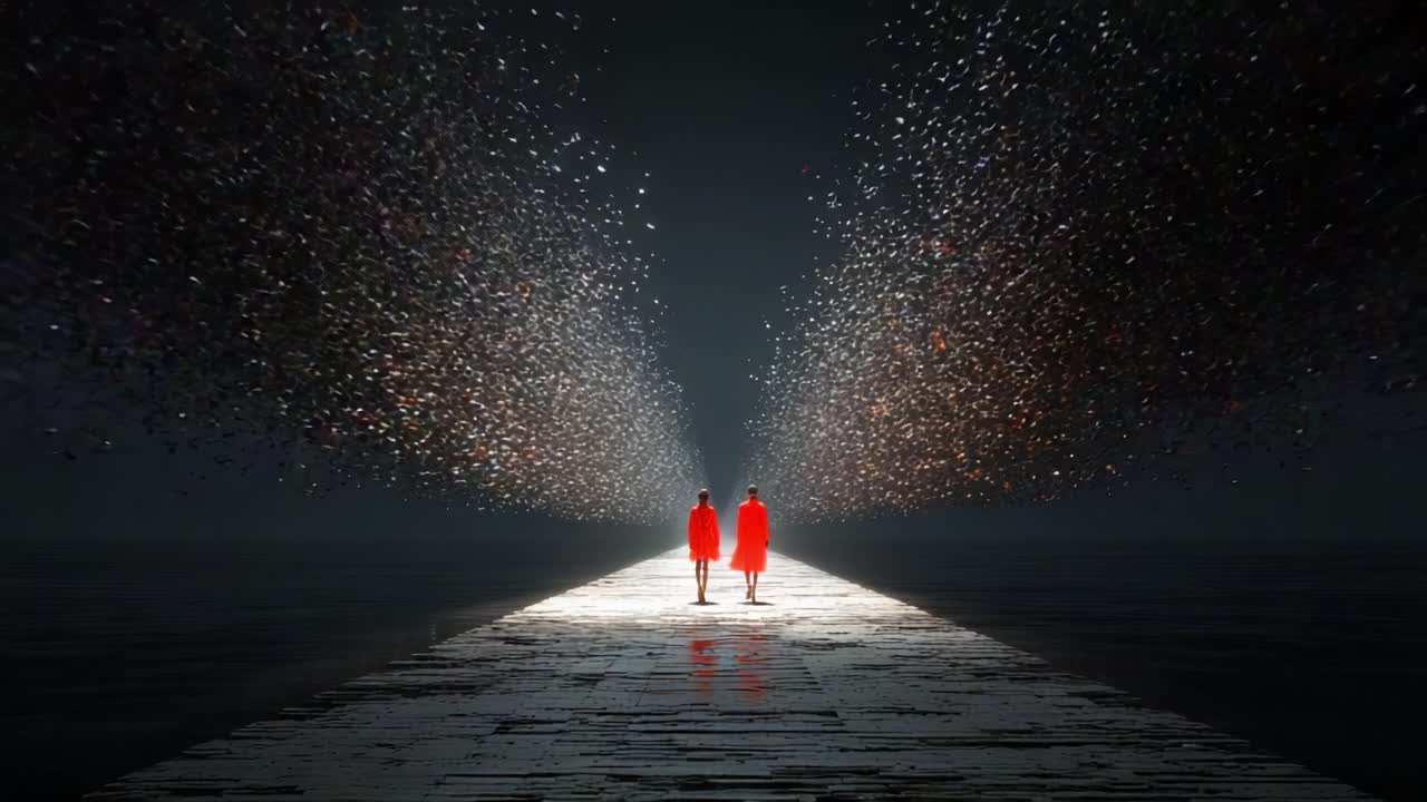 Two figures in striking red cloaks stand on a shimmering path illuminated by dynamic particles, creating a captivating visual experience that blends reality and imagination