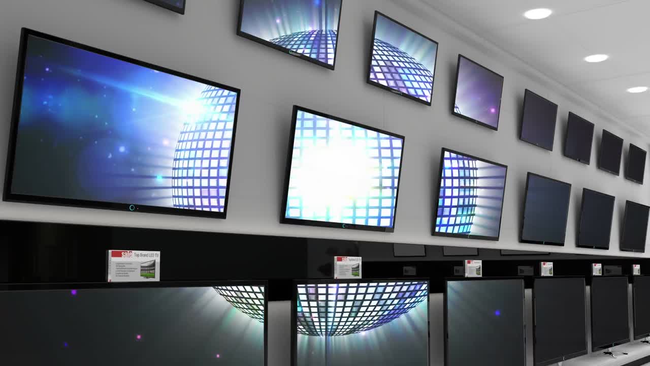 여러 텔레비전의 스크린에서 동기화 된 비디오를 재생 하는 전자 제품 상점의 내부