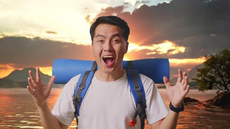 Close Up Of Asian Male Hiker With Mountaineering Backpack Saying Wow At A Lake