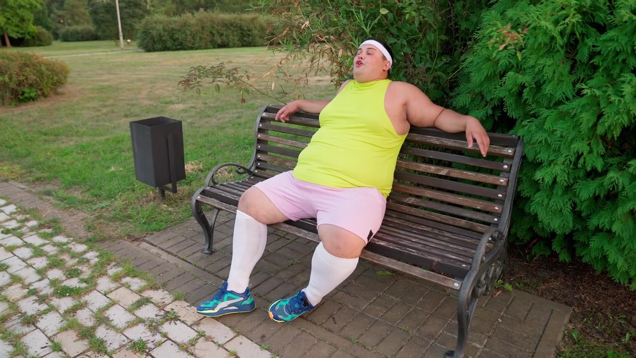 Homem com Excesso de Peso Para de Correr, Exausto, e Senta-se no Banco do Parque