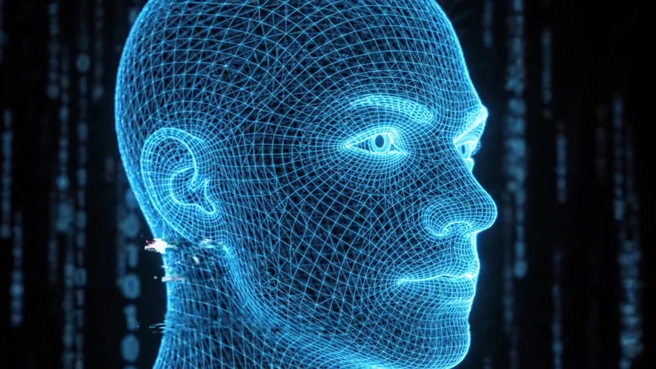 Una rappresentazione mozzafiato di un volto umano digitale in un modello wireframe, illuminato di blu, circondato da linee di codice binario e pattern di dati astratti