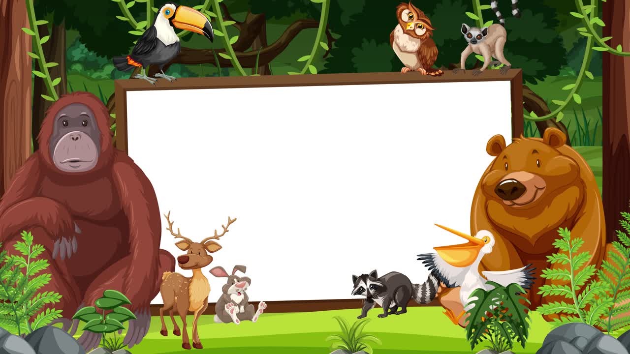 アニメ化された動物が白い看板の周りに集まります