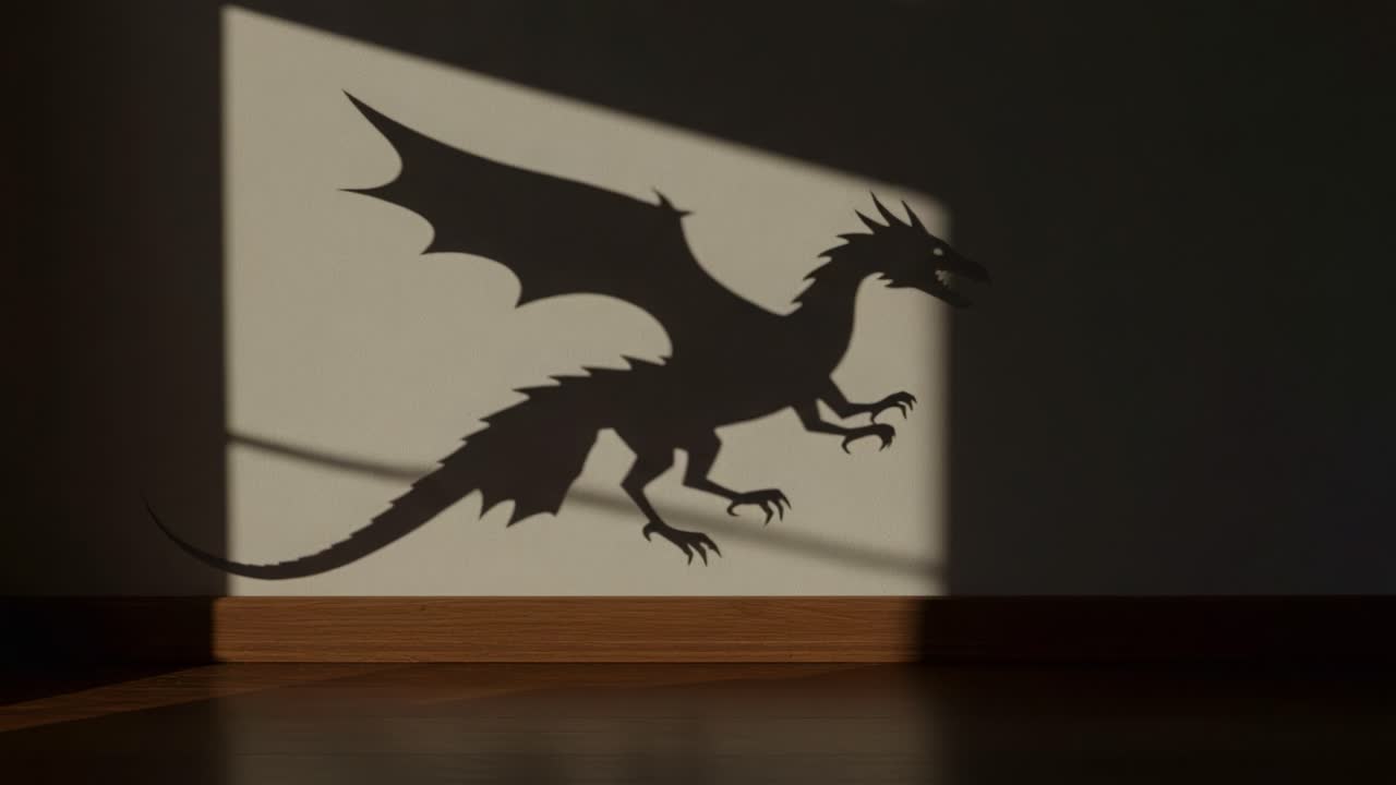 Un'ombra accattivante di un drago proiettata su un muro, che evidenzia la mistica e l'immaginazione associate alle creature leggendarie e al loro design nel gioco di luci.