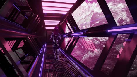 alien in a futuristic spacesuit walking through a pink and purple space station corridor