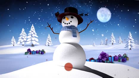 Animation-of-snow-falling-over-smiling-snowmen-in-winter-scenery
