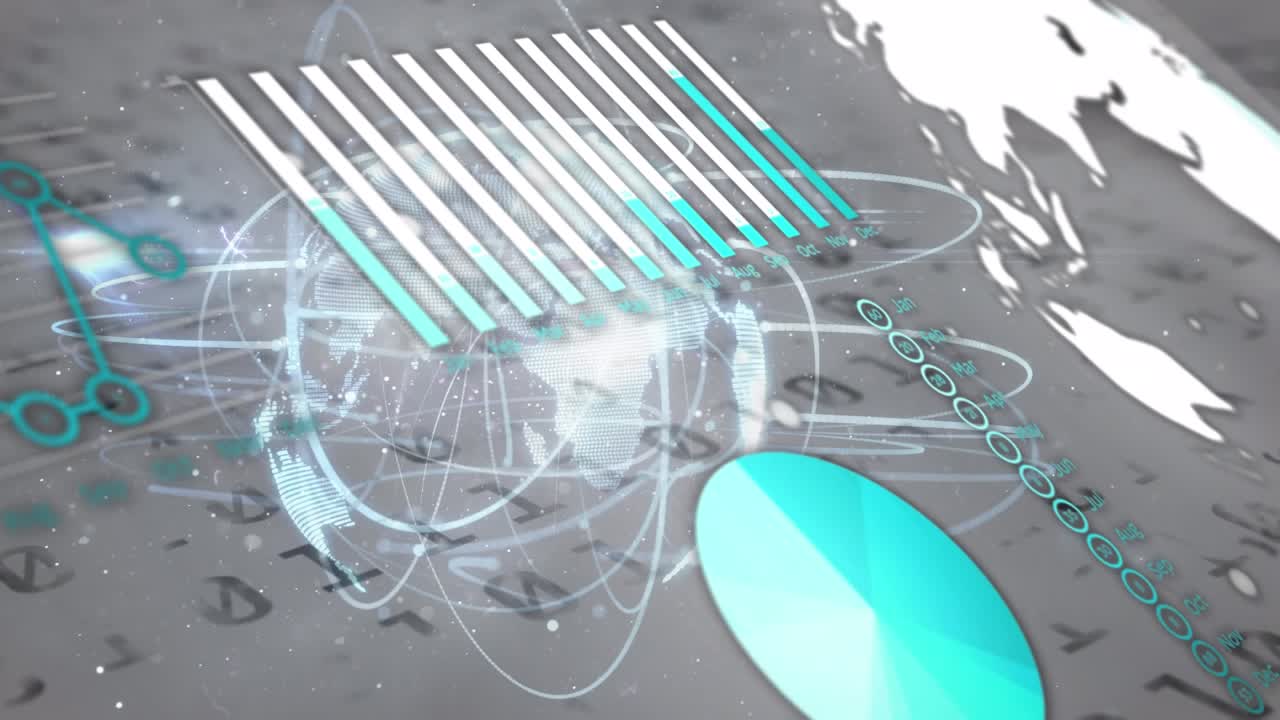 Statistical data processing over spinning globe against binary coding on grey background
