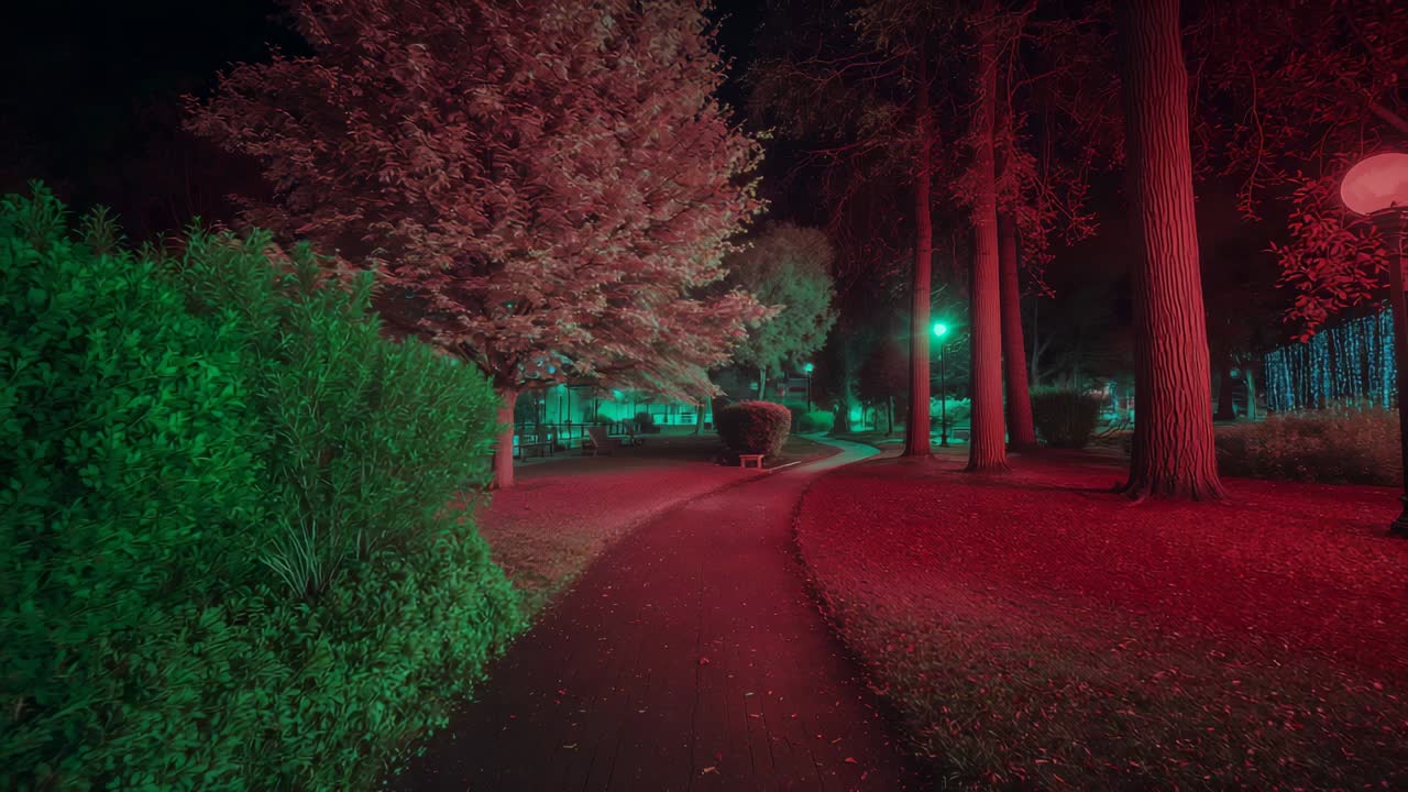 Panning camera along curved walkway at night to reveal building and green lamppost