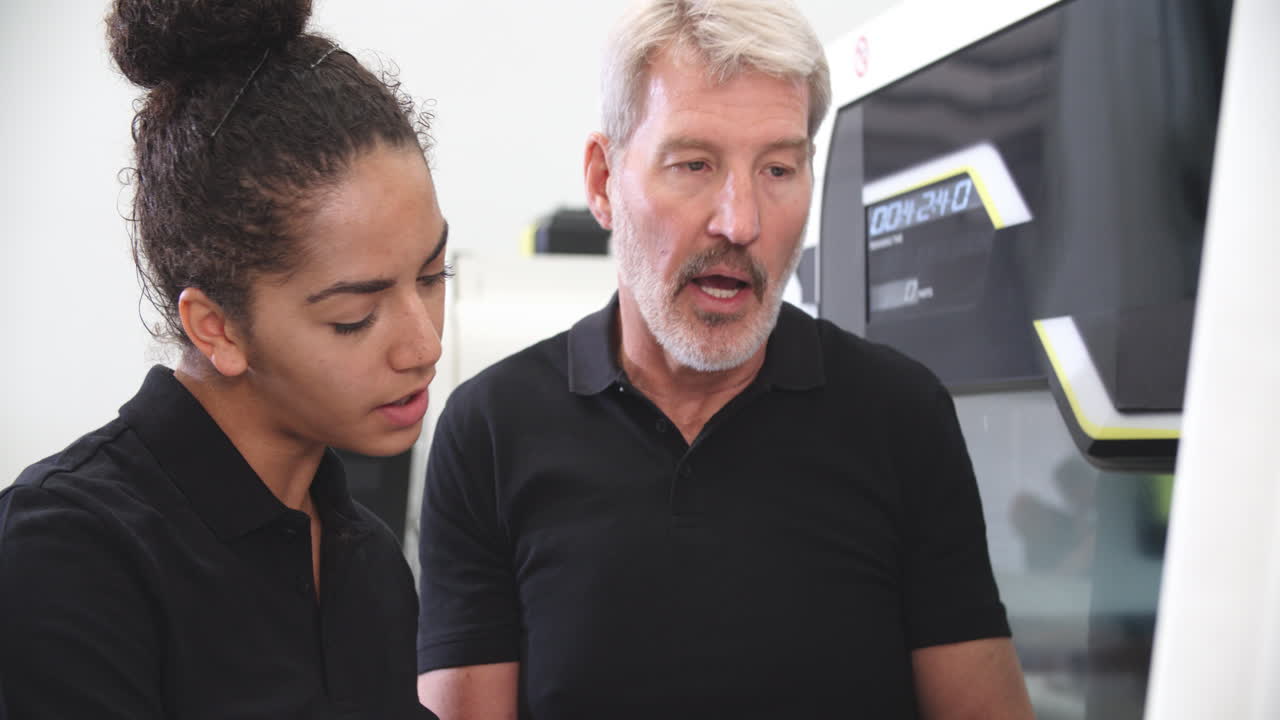 aprendizaje femenino trabajando con un ingeniero en máquinas cnc