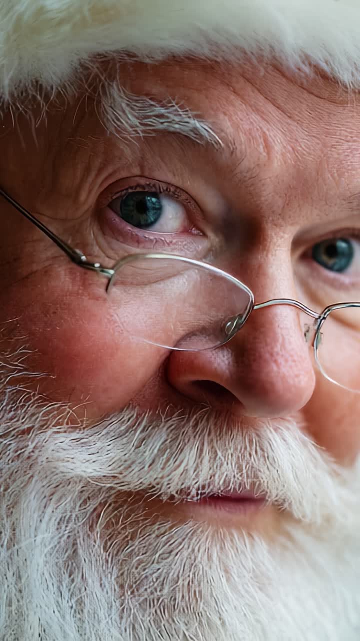 Un allegro primo piano di Babbo Natale, che cattura la gioia e la meraviglia dello spirito delle feste con il suo caratteristico cappello rosso e l'iconica barba argentata, diffondendo felicità