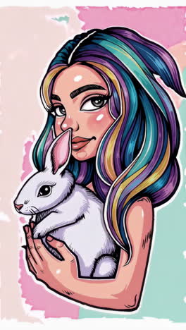 woman with colorful hair holding a rabbit