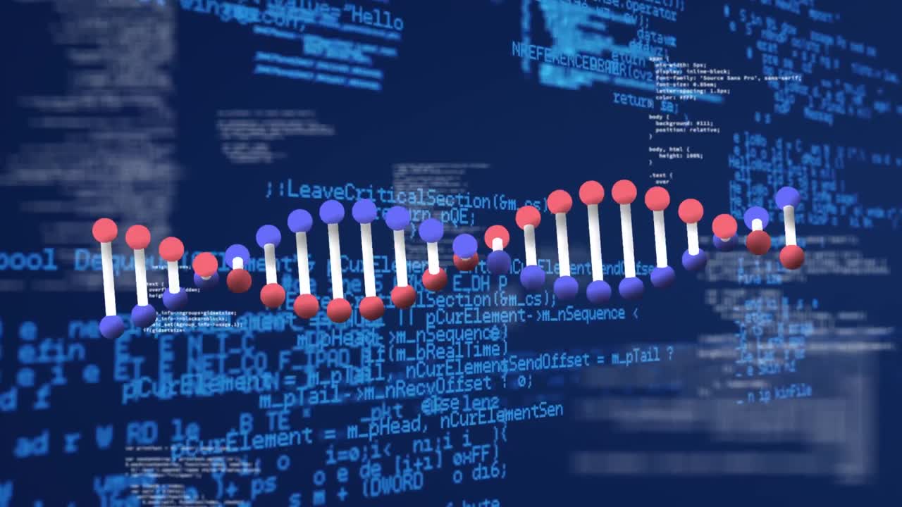 animación de la cadena de adn sobre el procesamiento de datos en fondo azul
