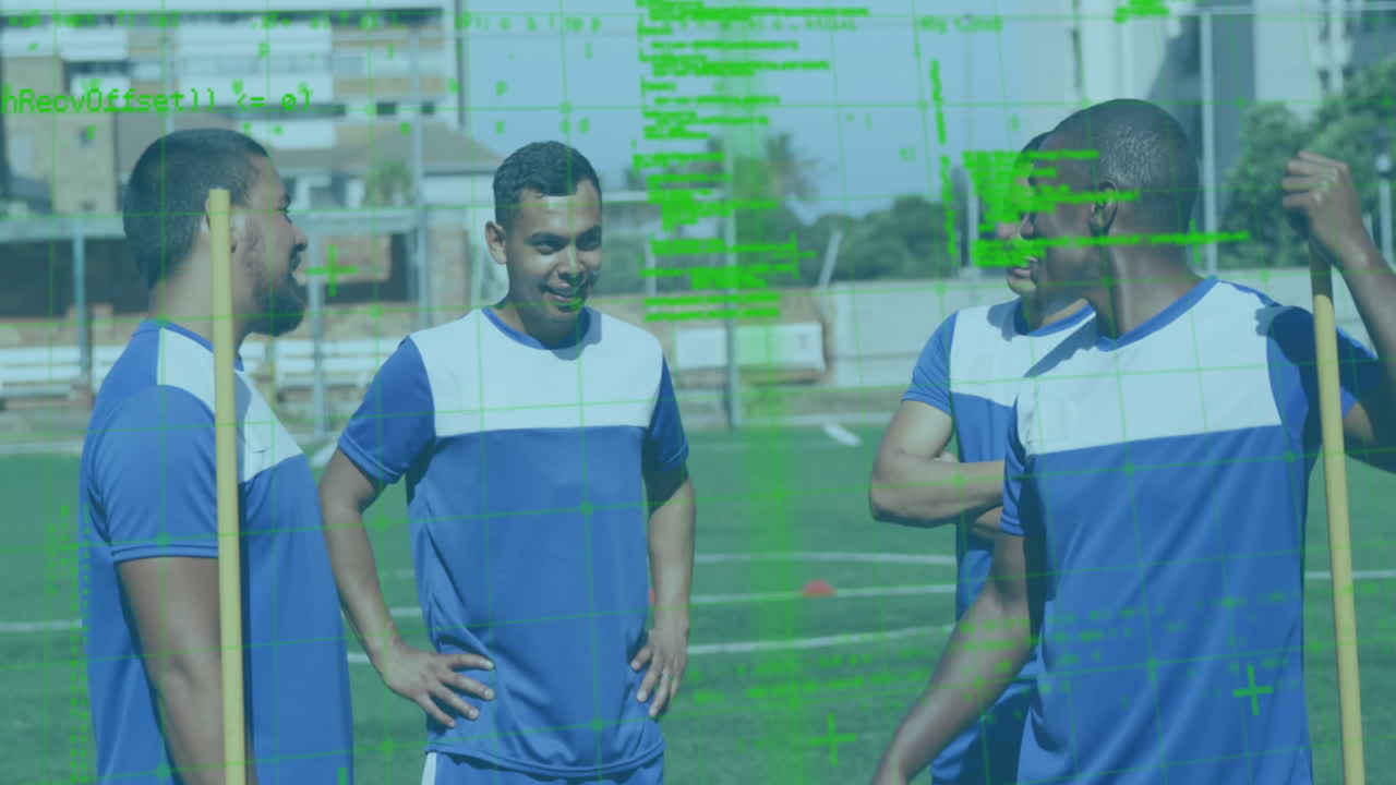 남자 축구 선수 들 이 연습 중 대화 하는 팀 을 상대로 그리드 네트워크 를 통해 데이터 처리를 하는 것