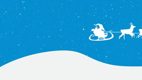 Animation-of-santa-claus-in-sleigh-with-reindeer-moving-over-snow-falling-on-blue-background