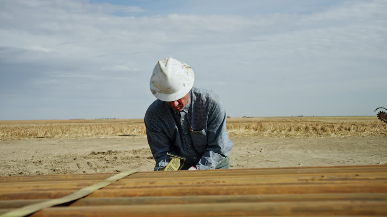 Worker in blue shirt and protective helmet fastening the pile of metal pipes. Site for oil production equipment in the desert.