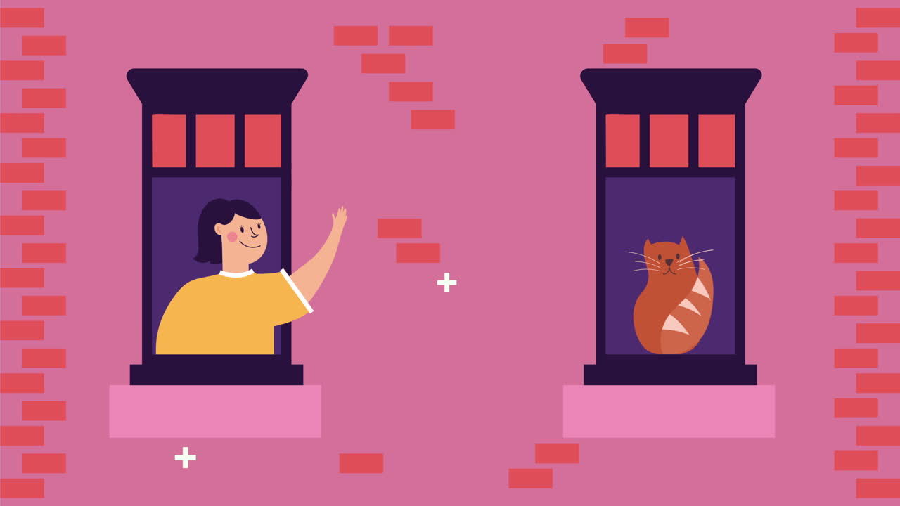 아파트 창문에 있는 여성 집에 머물 캠페인