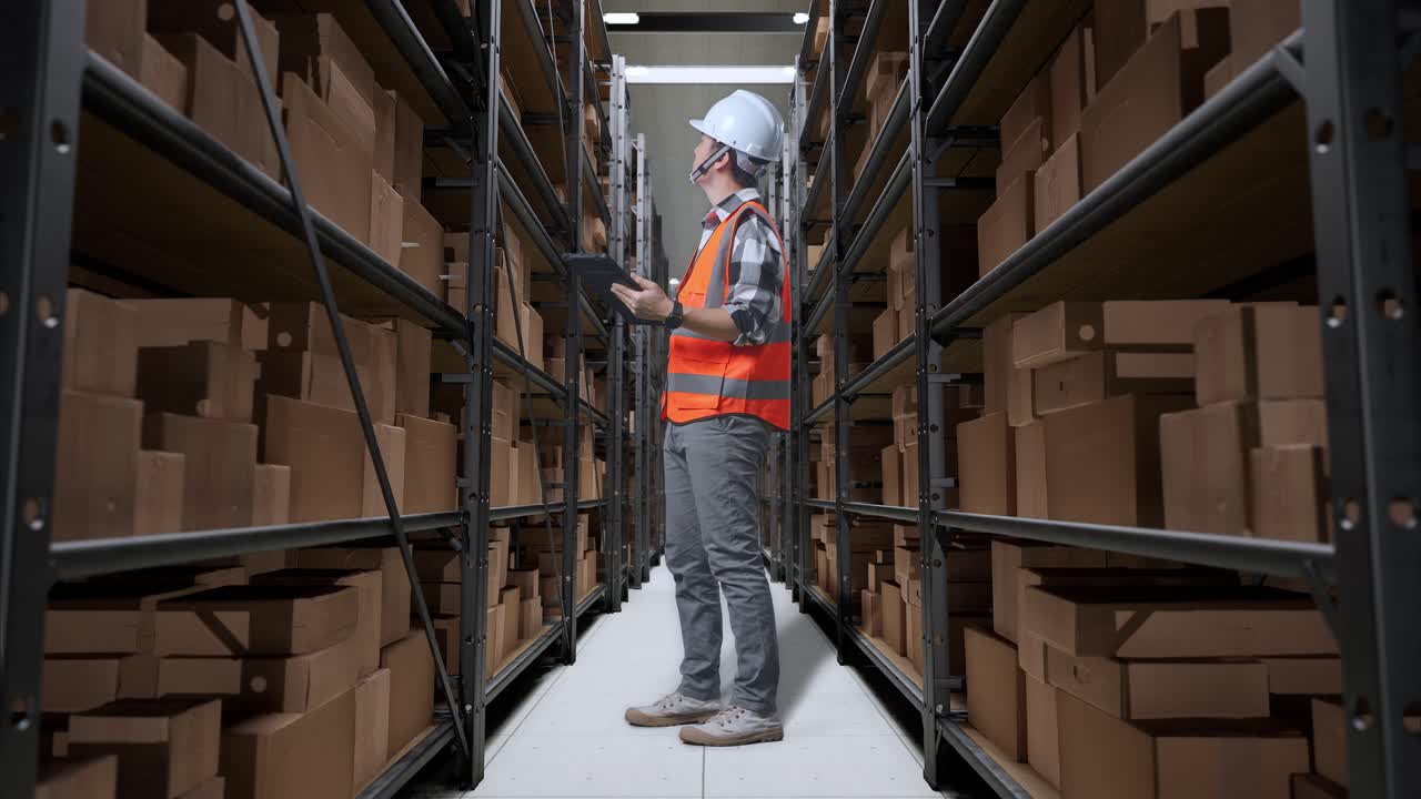 vista lateral completa del cuerpo de un ingeniero masculino asiático con casco de seguridad mirando la tableta en su mano y mirando a su alrededor mientras estaba de pie en el almacén con estantes llenos de productos de entrega