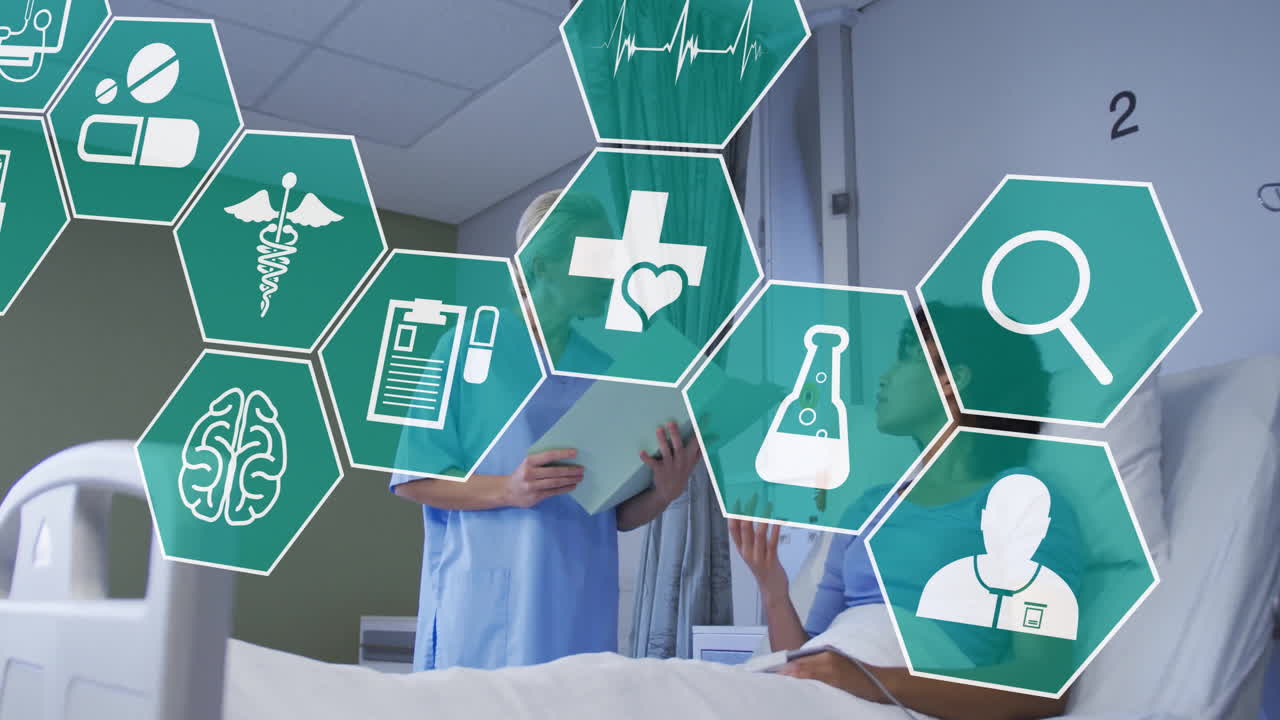 Animation of medical icons over caucasian female doctor talking with patient on hospital bed
