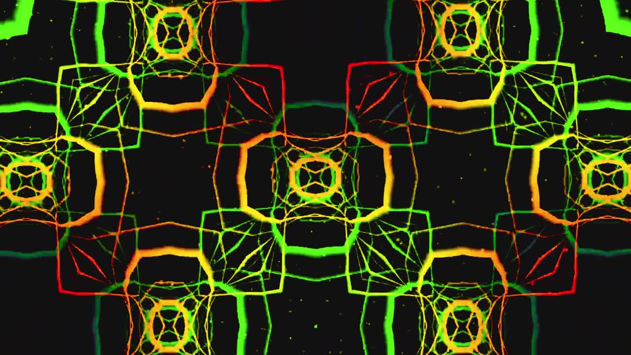 Pola Kaleidoskop Geometris Dinamis dengan Warna Neon Berdenyut