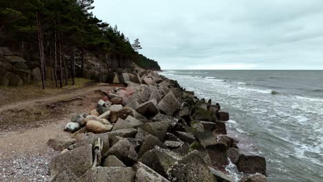 a rocky shoreline with a large body of water in the background