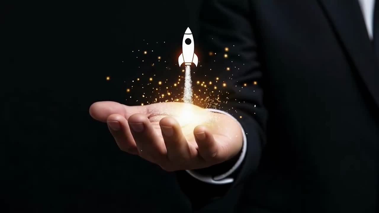 Businessman Launching a Startup with a Rocket Icon Taking Off From His Hand