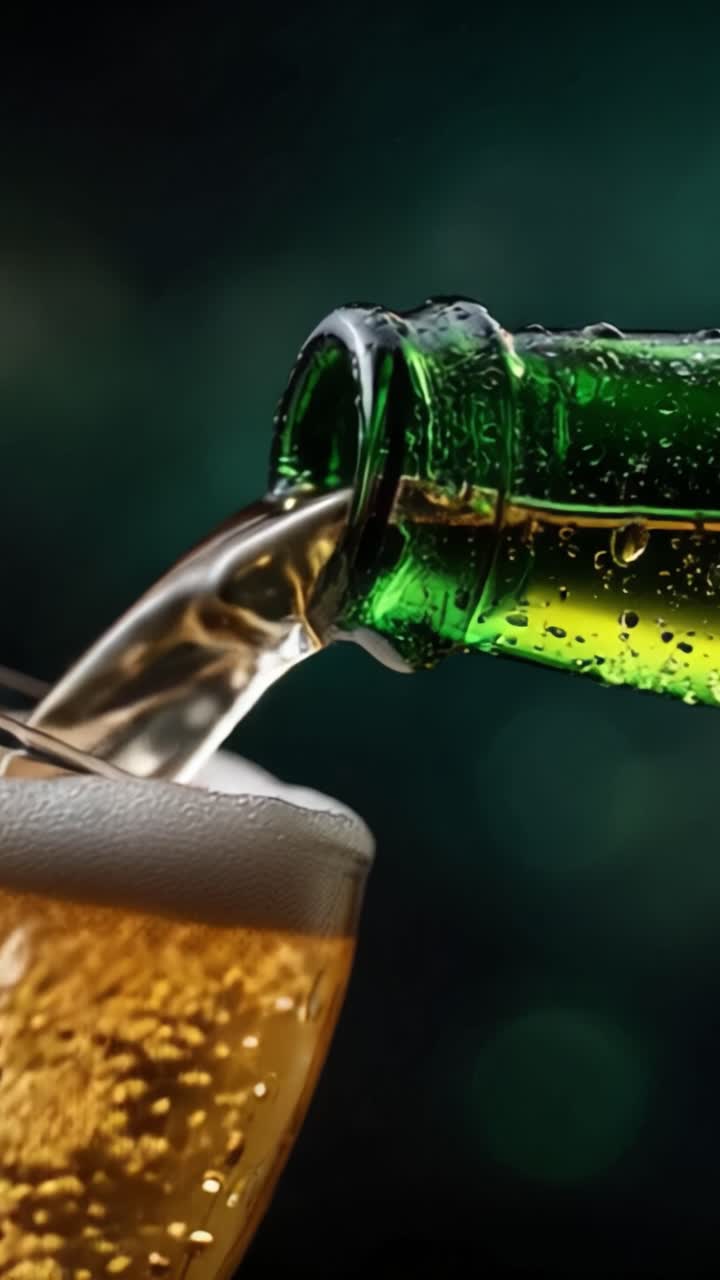 Una vista ravvicinata di un bicchiere che viene riempito con una bevanda dorata frizzante da una bottiglia verde, catturando bollicine e il movimento del liquido in un'atmosfera invitante.