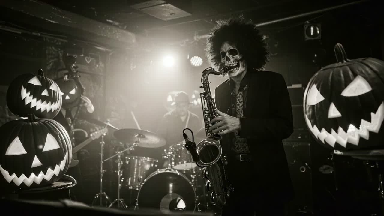 Eine mysteriöse Halloween-Jazz-Performance mit einem Saxophonisten in einer Totenkopfmaske, umgeben von gruseligen Kürbissen und unheimlicher Beleuchtung.