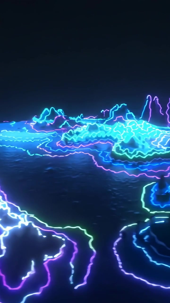 Vertical video: Camera moving forward revealing neon contours flowing over dark terrain to horizon
