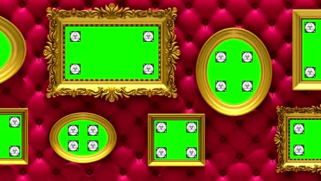 galería de imágenes animación 3d. marcos de imágenes de oro en lujo tapicería roja de fondo. la cámara se mueve a lo largo de la pared, bucle sin costuras. marcadores de seguimiento de movimiento y pantalla verde incluidos.