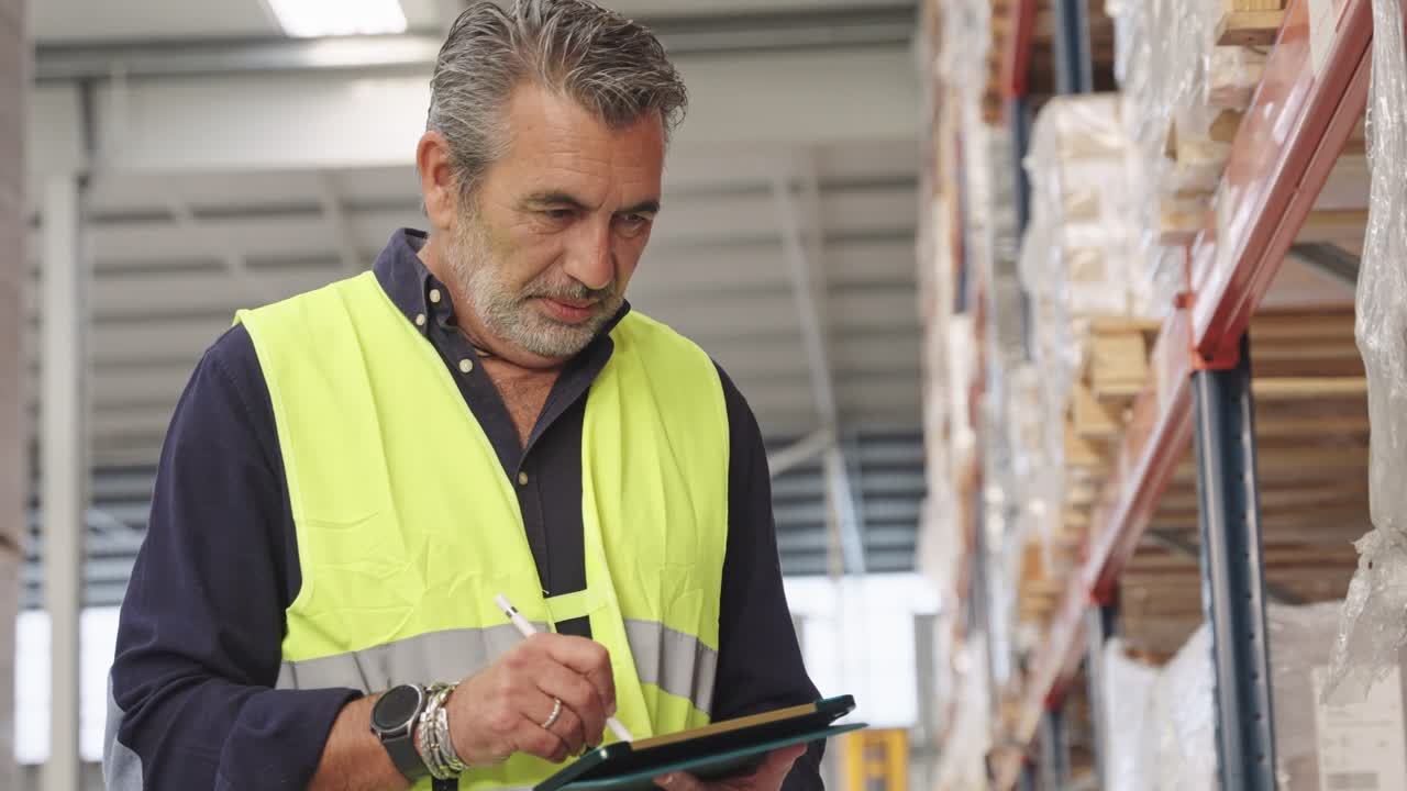 trabajador de almacén inspeccionando el inventario con una tableta