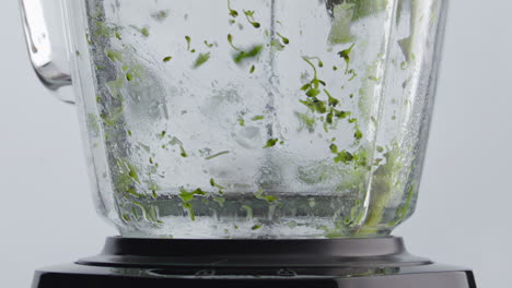 closeup vegetables dropped blender with spinning blades in super slow motion