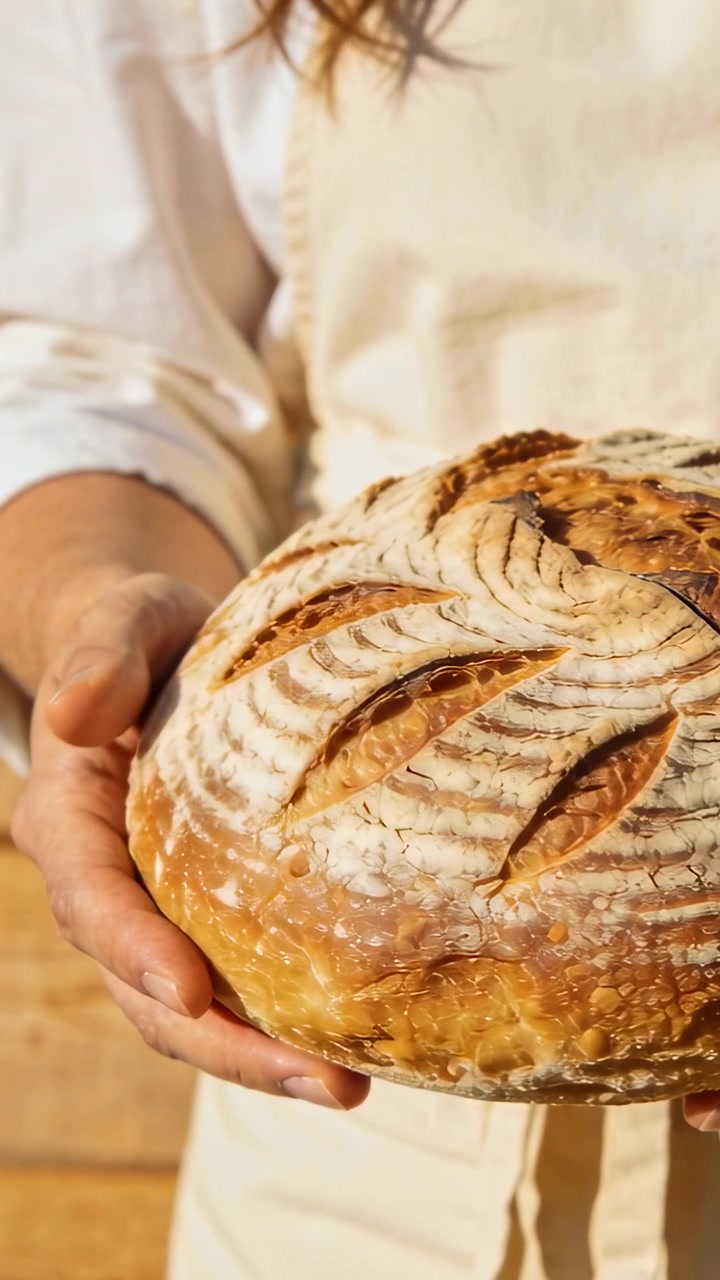 Vertical video: Camera pulling back baker in apron holding artisan loaf by wood wall showing crust