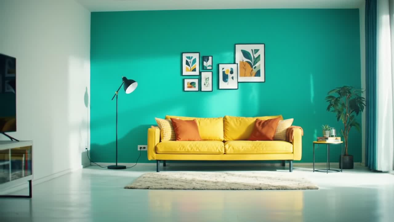 A Bright, Stylish Living Room Featuring a Vibrant Yellow Sofa, Colorful Art, and Modern Decor Elements Showcasing a Contemporary Home Environment