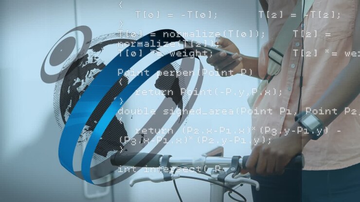 Animation of globe and data processing over man using smartphone
