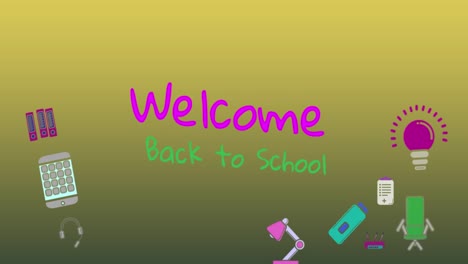 Animation-of-welcome-back-to-school-and-school-icons-over-green-background