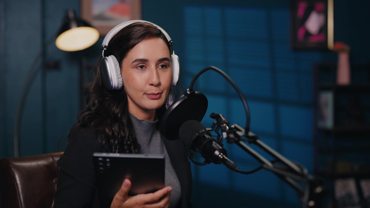 Young Woman Recording a Podcast in a Home Studio