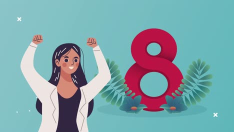 happy womens day lettering card with lady and number eight in flowers