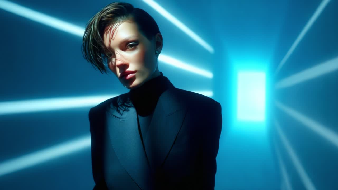 A Captivating Portrait of Elegance and Mystery: A Contemporary Female Model Posing in a Dimly Lit Room with Striking Light Rays Creating a Dramatic Atmosphere