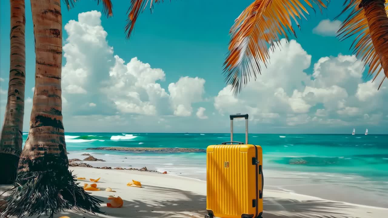 una valigia gialla seduta in cima a una spiaggia sabbiosa accanto alle palme