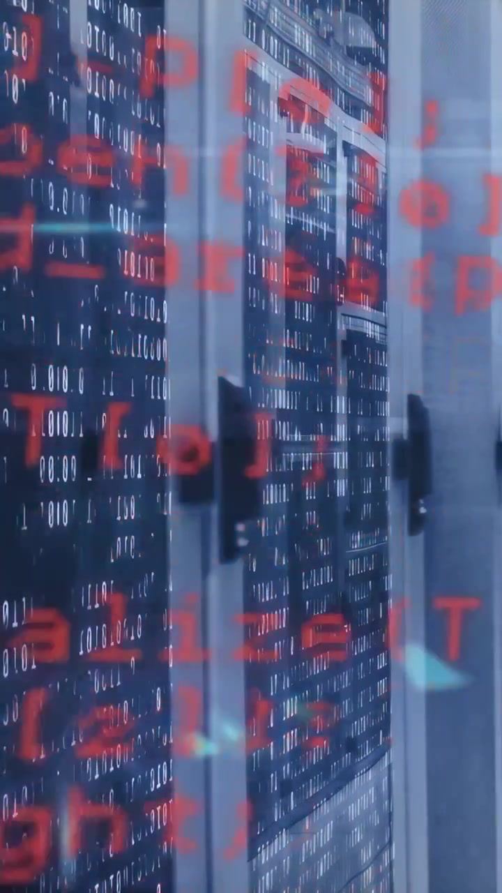 Vertical video: Red code rising over racks, causing camera pan as cyan sparks drifting to show data