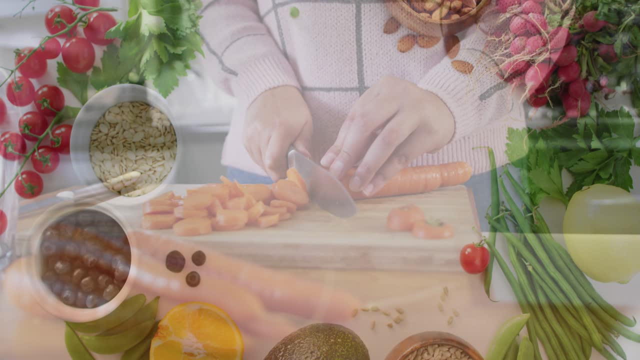 Cook gripping chef knife and steadying carrot slicing rounds with ingredient icons framing recipe