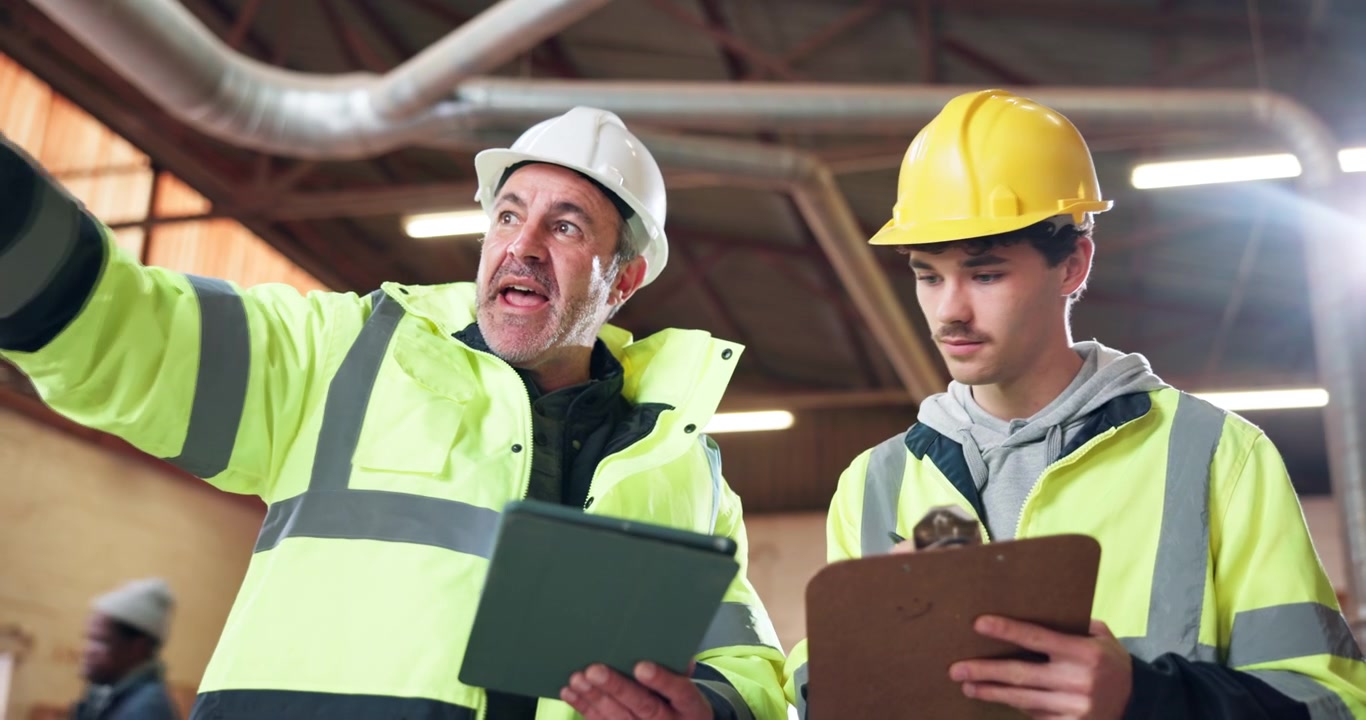 Construction Manager and Apprentice Discussing Project Plans in Warehouse