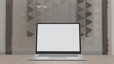 Schreibtisch-Mit-Laptop-Computer,-Leerer-Leerer-Weißer-Greenscreen-Mockup-Hintergrund-Für-Werbung,-Moderner,-Zeitgenössischer-Arbeitsplatz,-Unternehmenssoftware-Website-Technologie,-Push-in-Slider-Bewegung