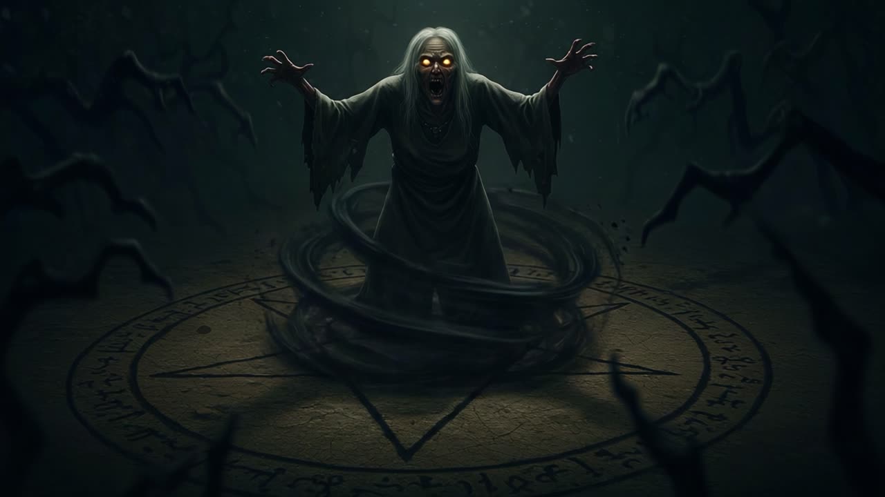 A sinister apparition rises from an ancient circle, emanating dark energy and malevolence, as shadows stretch menacingly in the dimly lit atmosphere surrounding it