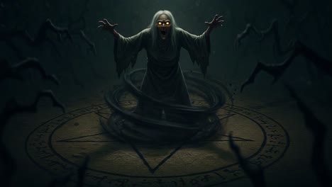 a sinister apparition rises from an ancient circle, emanating dark energy and malevolence, as shadows stretch menacingly in the dimly lit atmosphere surrounding it