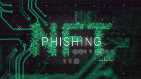 animation of nft phishing text with digital circuit and binary code background